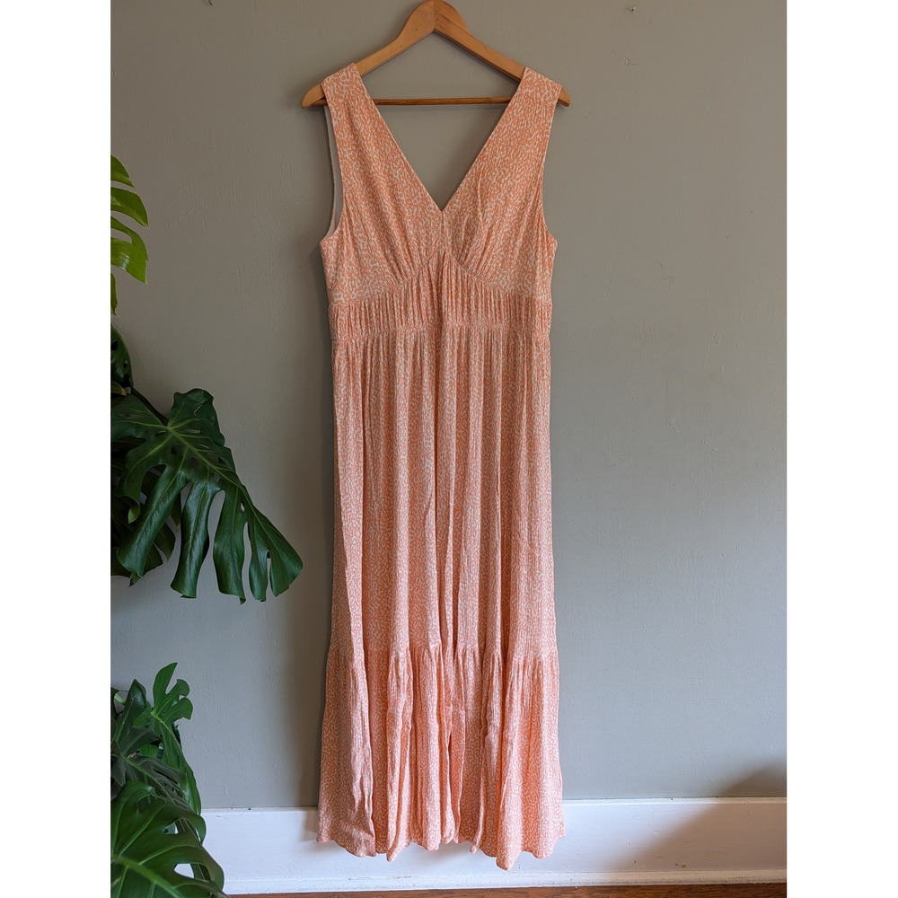 Express Womens Peach White Animal Print V-Neck Empire Waist Tiered Maxi Dress L